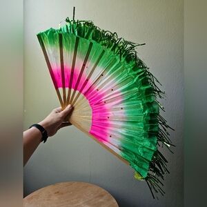 XL Vibrant Green and Pink Hand Fan